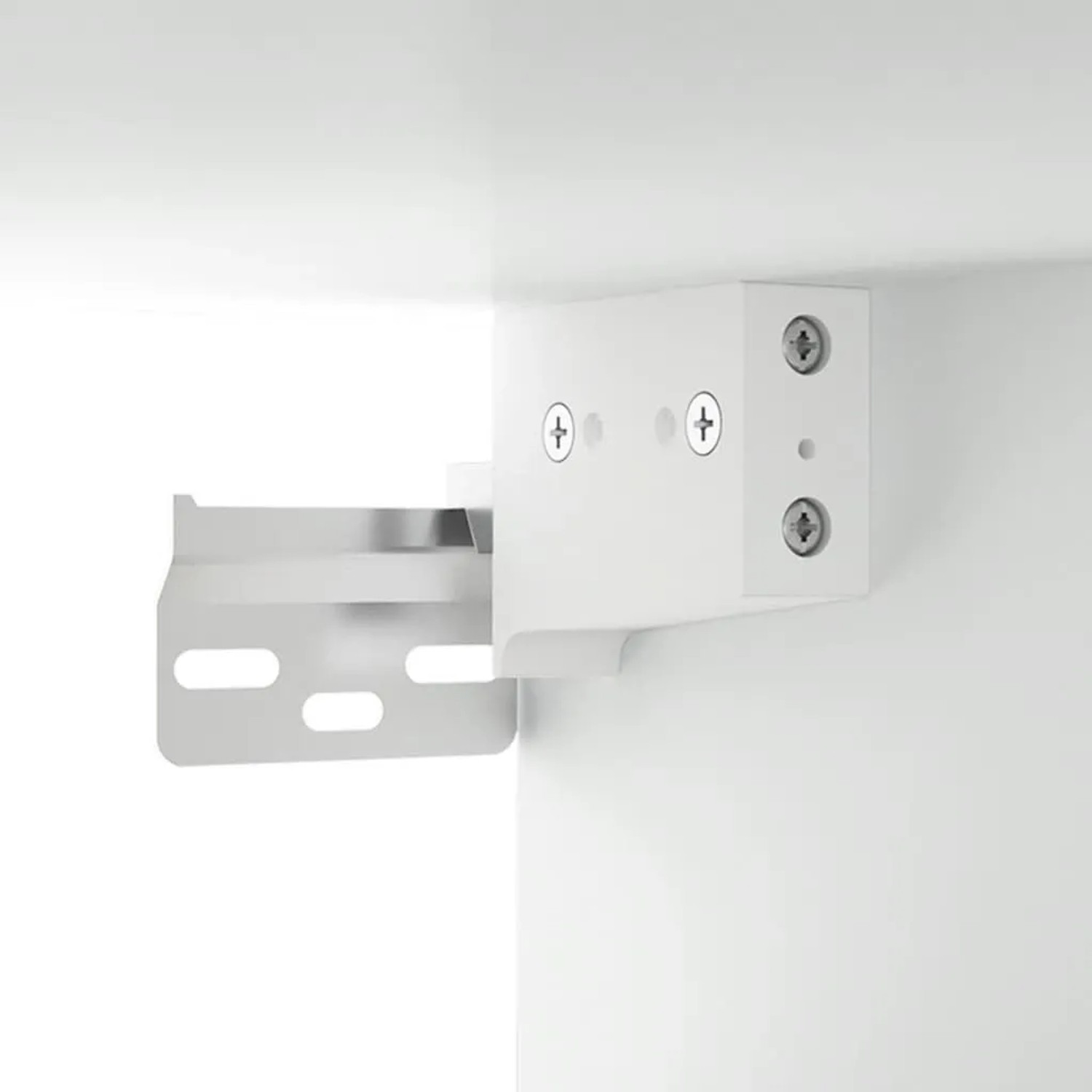Weiße Montagehalterung mit silberner Metallführung für vidaXL Wandschrank. Detail des Befestigungssystems.