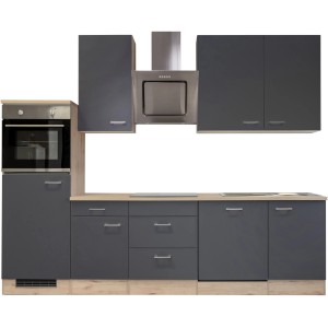 Moderne Küchenzeile Morena in Basaltgrau matt und San Remo Eiche hell mit E-Geräten.