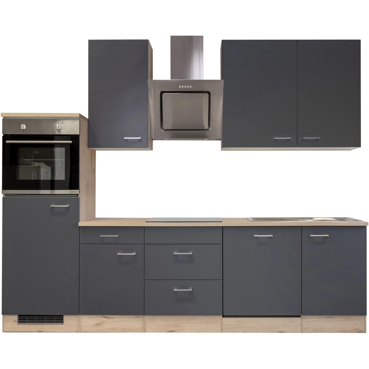 Moderne Küchenzeile Morena in Basaltgrau matt und San Remo Eiche hell mit E-Geräten.