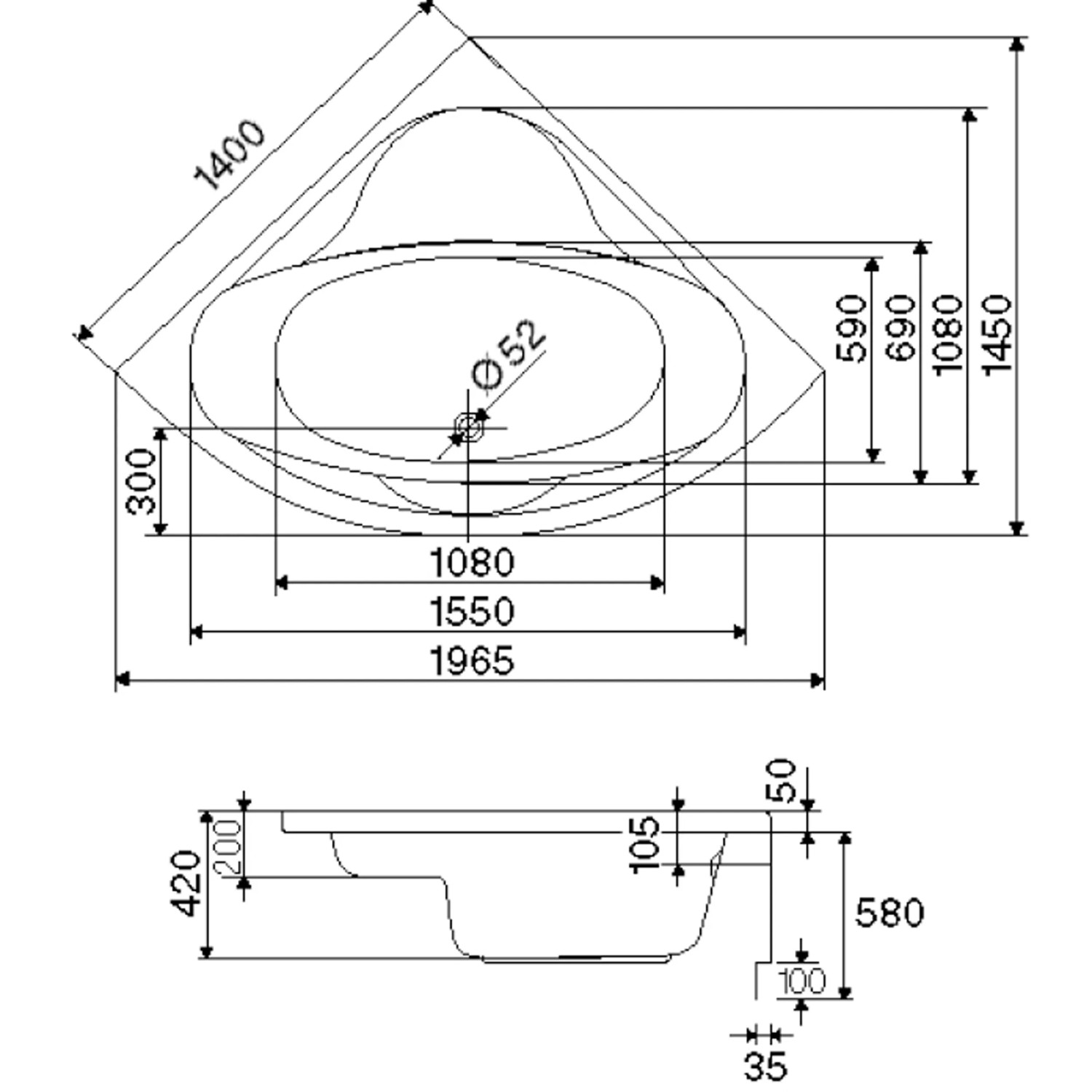 Technische Zeichnung Ottofond Whirlpool Siam Komfort 140 cm, Maße und Details.