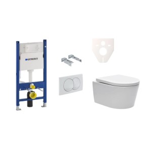 Weißes Wand-WC Set: Geberit Vorwandelement, Spülkasten, Betätigungsplatte, WC-Becken und Zubehör für Trockenbau.
