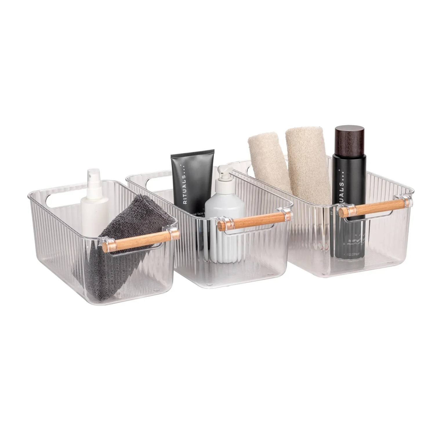 Wenko Badbox-Set Nantes, 3 transparente Kunststoffboxen mit Buchenholzgriffen für Badhelfer.