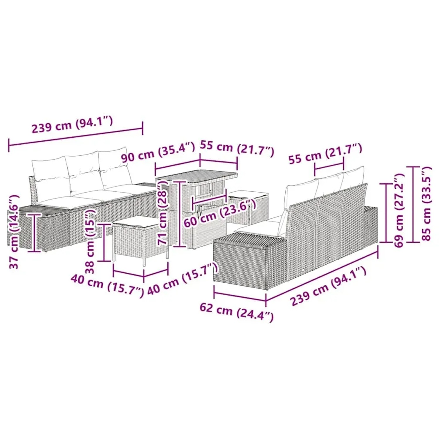 Beiges 9-teiliges vidaXL Garten-Sofa-Set aus Poly Rattan mit Tisch und Kissen.