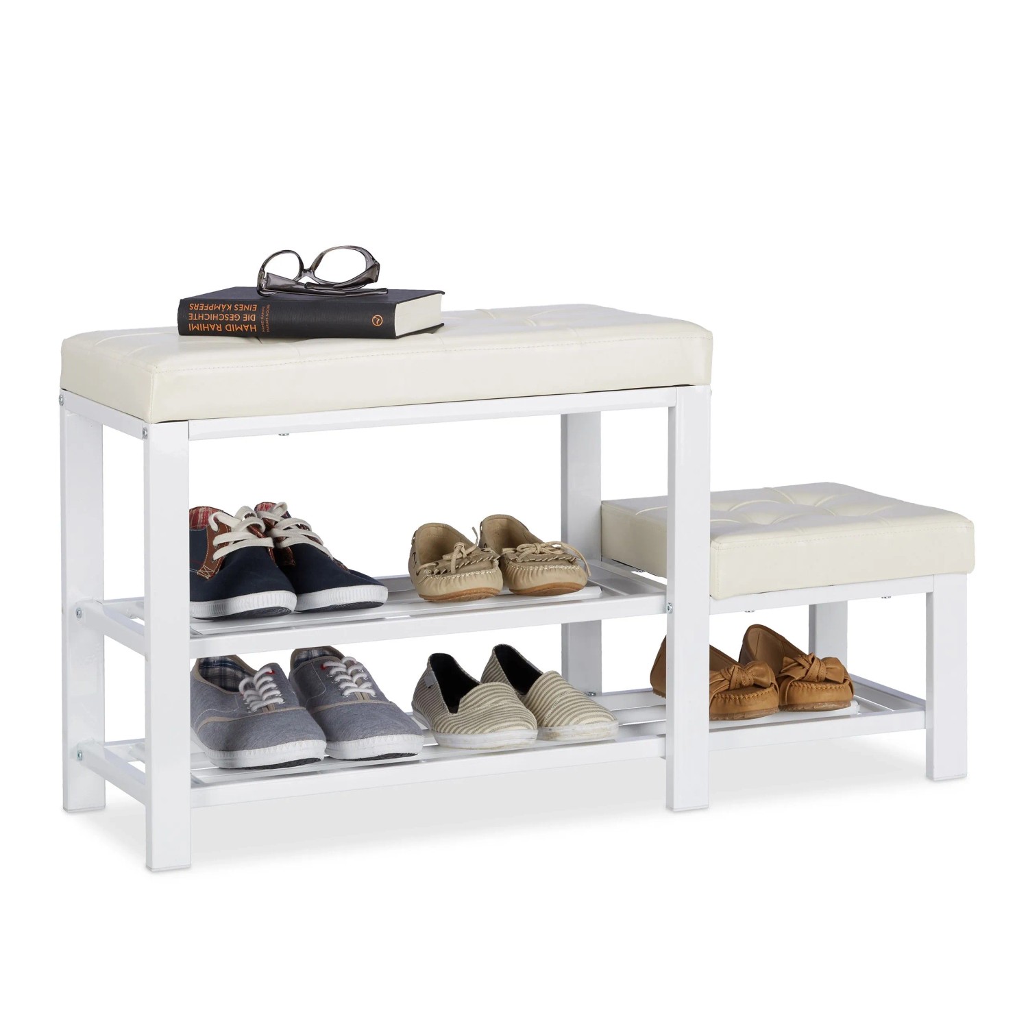 Relaxdays Schuhbank mit Hocker Kunstleder Metall MDF Weiß 2 Ebenen 90,5 cm x 50 cm x 30,5 cm 8,6 kg
