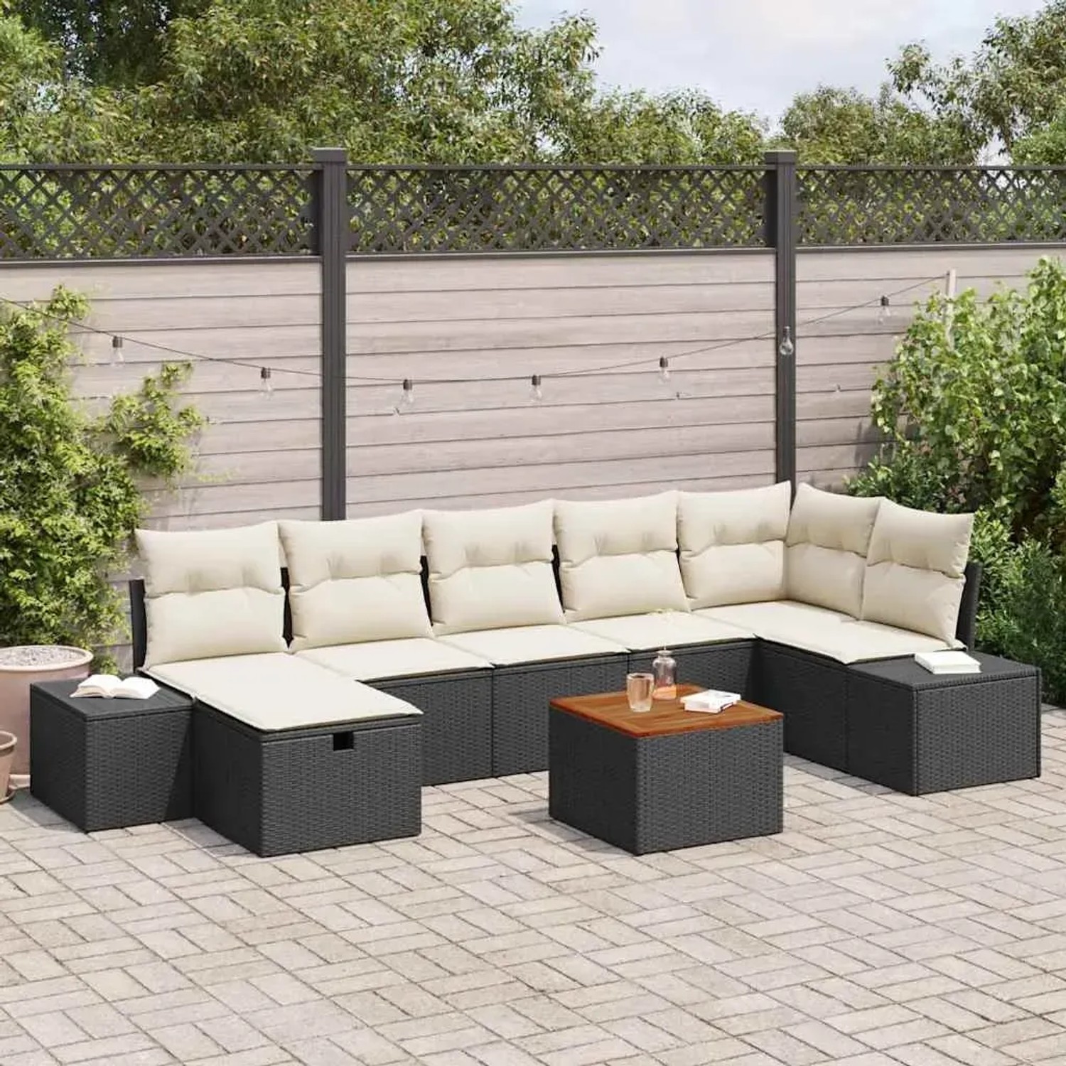 vidaXL Garten-Sofa-Set, 8-teilig, schwarz, Poly Rattan mit Kissen. Gartenmöbel für Terrasse und Garten.