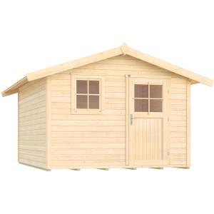 Naturbelassenes Holz-Gartenhaus 123 mit Satteldach, Fenster und Tür.
