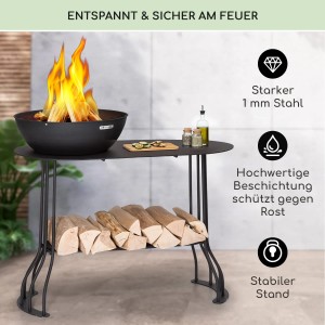 Blumfeldt Nantai Grillstation mit Feuerschale (Ø 50cm) und Grillrost (Ø 48cm) auf Tisch, Schwarz.