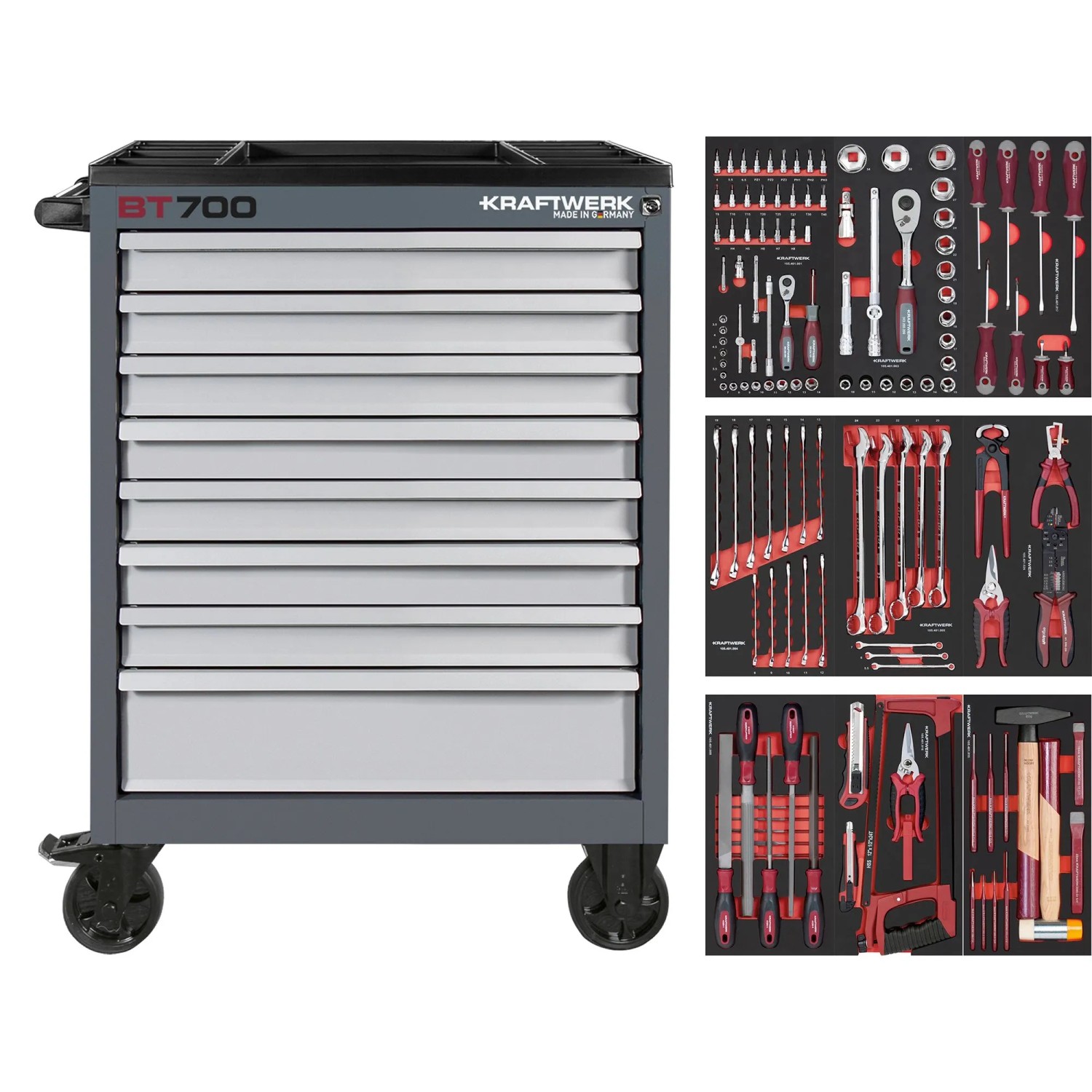 Kraftwerk Werkstattwagen BT700 WW 8 Schubl. 143-tlg. Grau-Silber