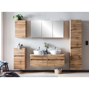 Held Möbel Doppelwaschtisch-Set Trient 120 cm in Wotaneiche mit Aufsatzbecken und Spiegelschrank.