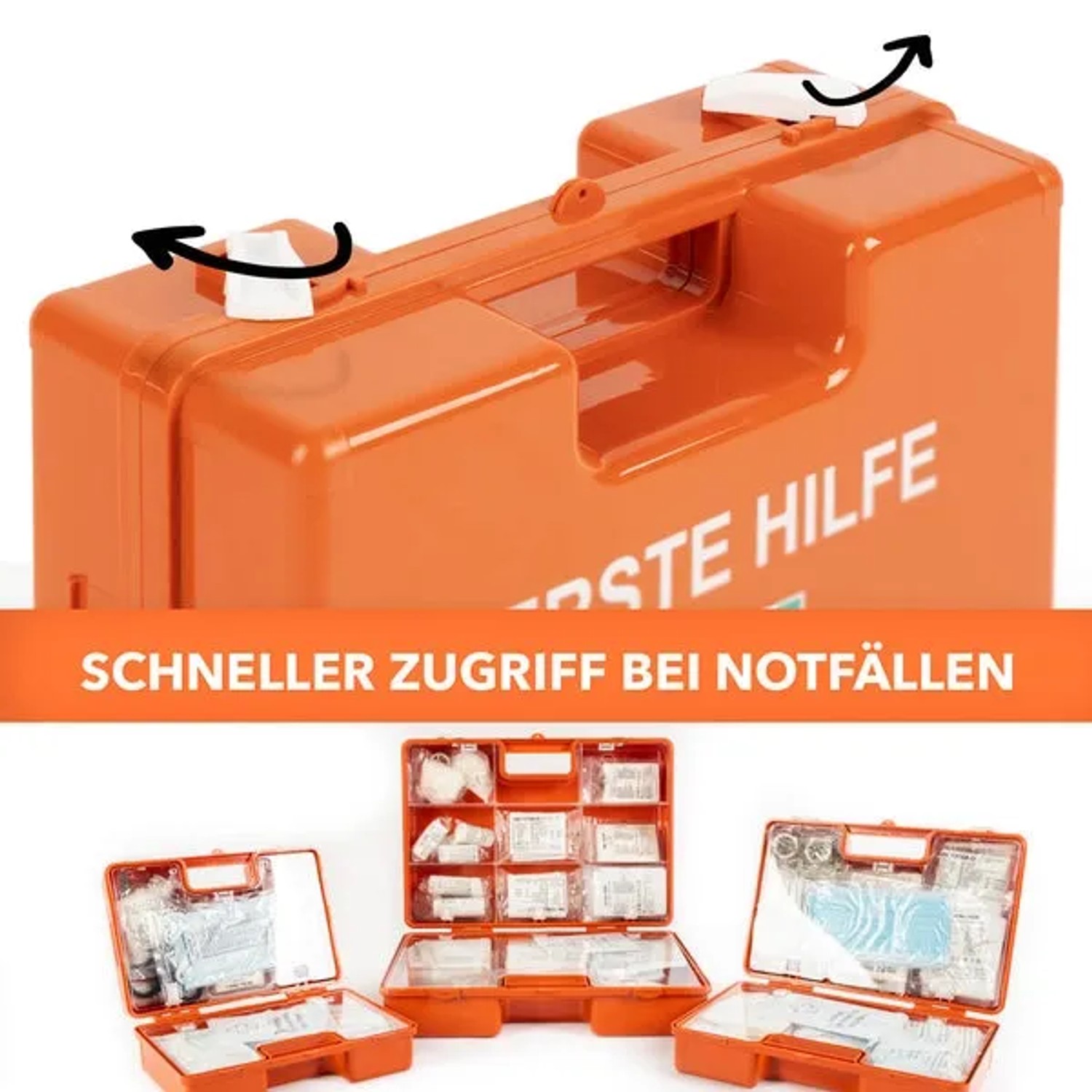 Oranger Erste-Hilfe-Koffer Klein DIN 13157 für Betriebe, geöffnet und geschlossen.
