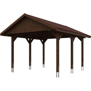Satteldach-Carport Wallgau in Nussbaum mit roten Dachschindeln, Holzkonstruktion.