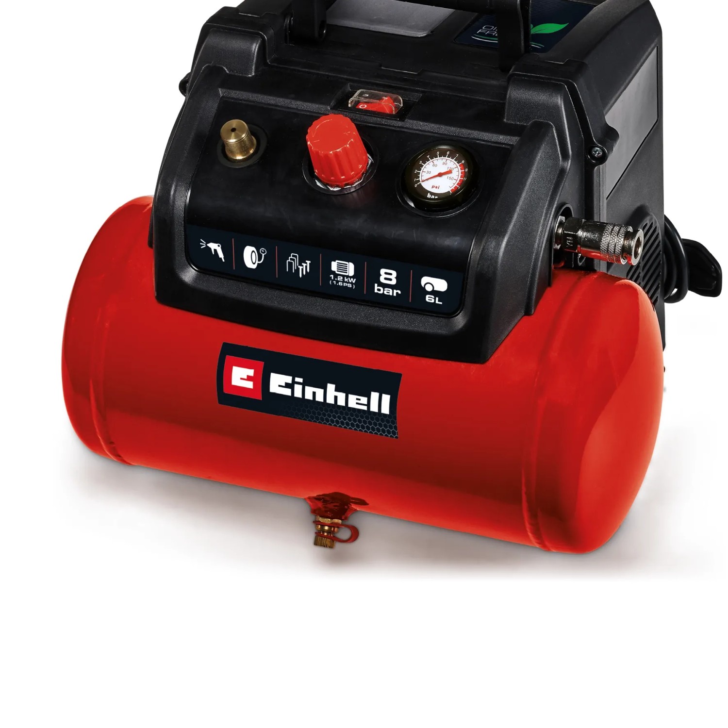 Einhell Kompressor TC-AC 190/6/8 Ölfrei: Roter Druckluft-Kompressor mit Manometer und 6L Tank.
