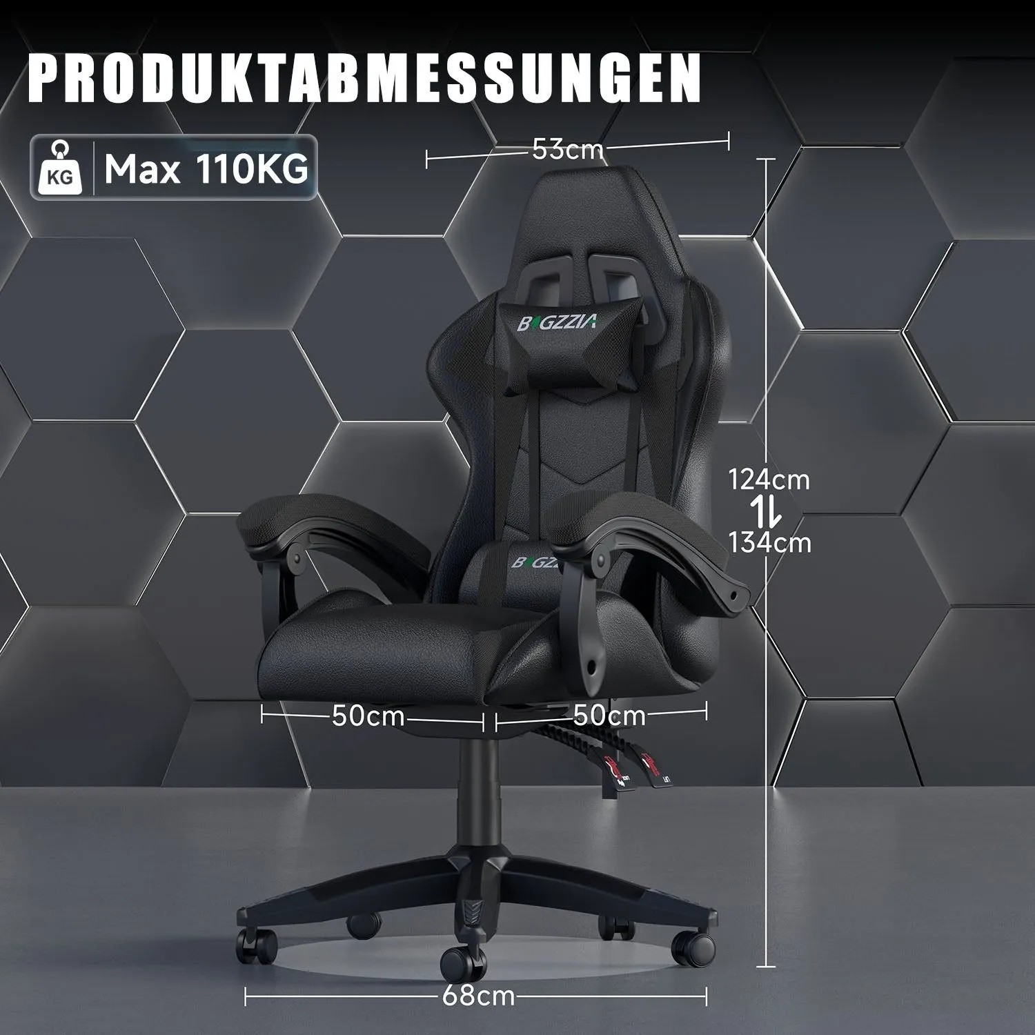 Schwarzer Rattantree Gaming Stuhl mit hoher Rückenlehne und verstellbarer Kopf- und Lendenstütze.