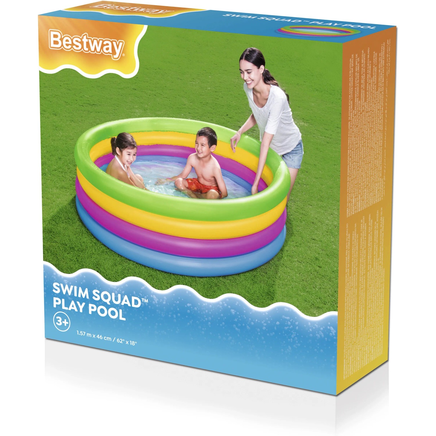 Verpackung des Bestway Planschbeckens Swim Squad (Ø 157x46cm) mit Kindern im Pool.