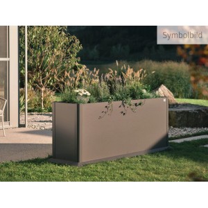 Dunkelgraues Biohort Metall-Pflanzbeet Belvedere Maxi 100 mit Pflanzen, dekorativen Ausschnitten, auf Rasen im Garten.