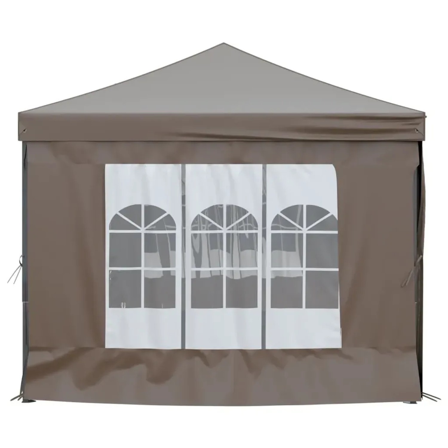 Faltbares Partyzelt in Taupe (3x6 m) mit Seitenwänden und Fenstern.