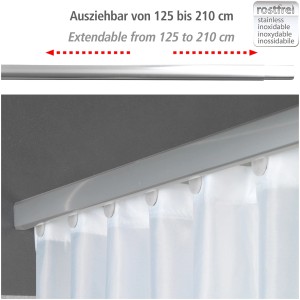 Verstellbare, chromfarbene Wenko Teleskop-Duschvorhangschiene (125-210 cm) mit Duschvorhang.