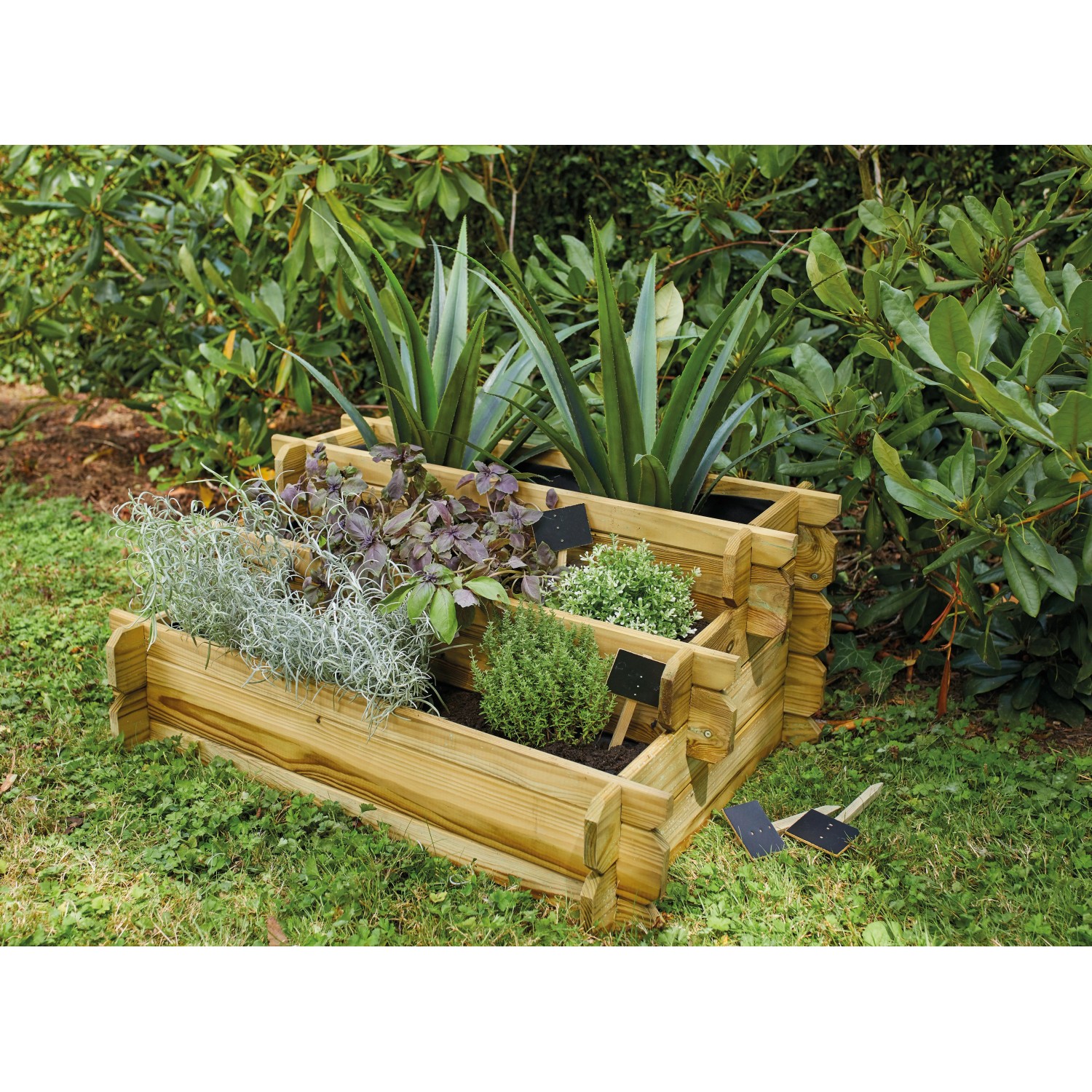 Soulet Hochbeet Angelic aus FSC®-Holz, 80x60x36cm, bepflanzt mit Kräutern und Pflanzen.