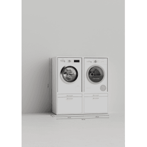 Weißer Waschturm Waschmaschinenschrank Twin Collection 4.1 für Waschmaschine & Trockner, mit Schubladen und Auszügen.