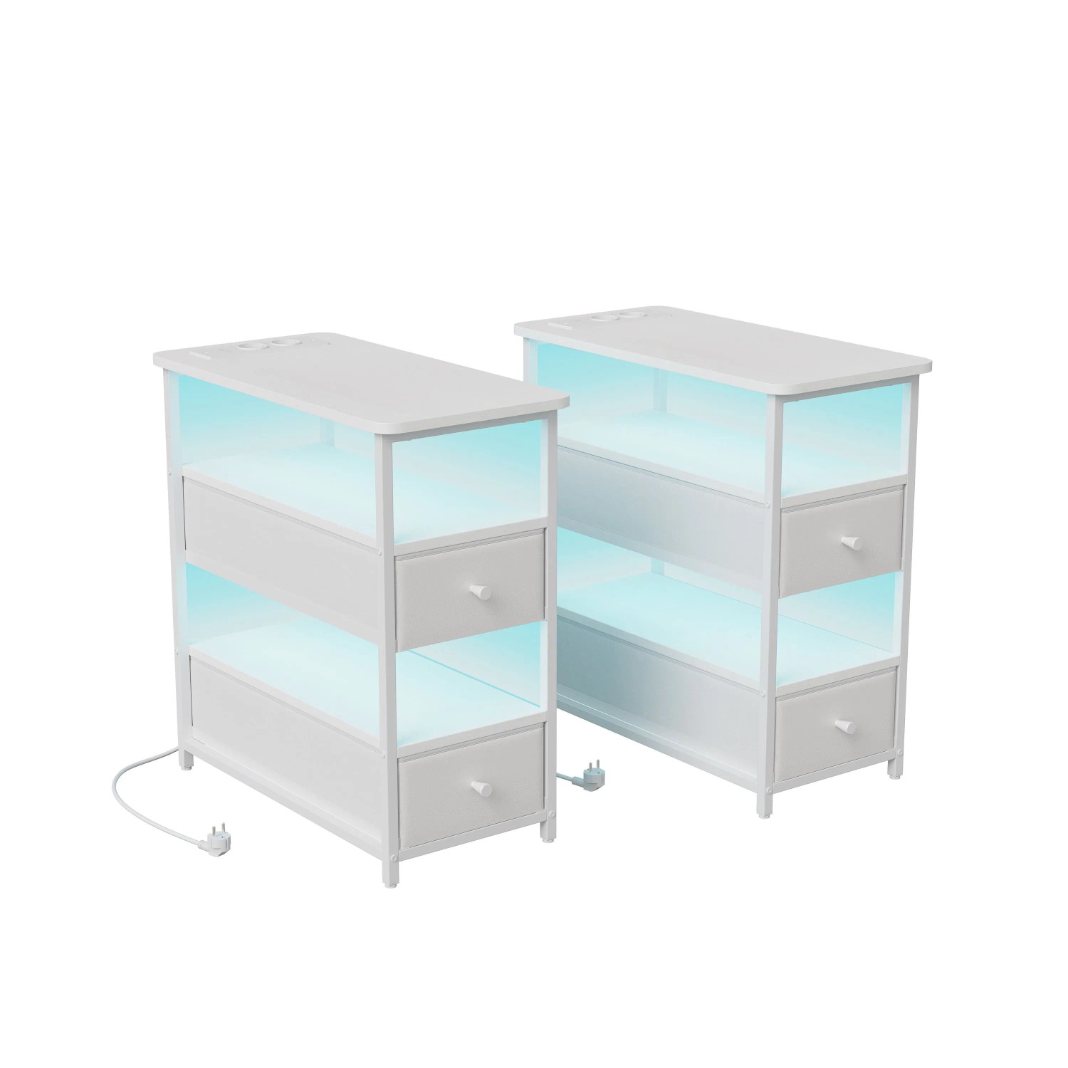 PXloue Beistelltisch Weiß Nachttisch mit Ladestation LED&Schubladen für für Wohnzimmer