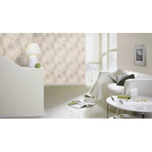 Wohnraum mit Rasch Vliestapete Tapetenwechsel II 651713, Kreise in Taupe und Hellgrau.