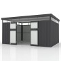 Modernes, anthrazitfarbenes Juskys Gerätehaus Luzern XL (12 m²) mit geöffneten Türen.