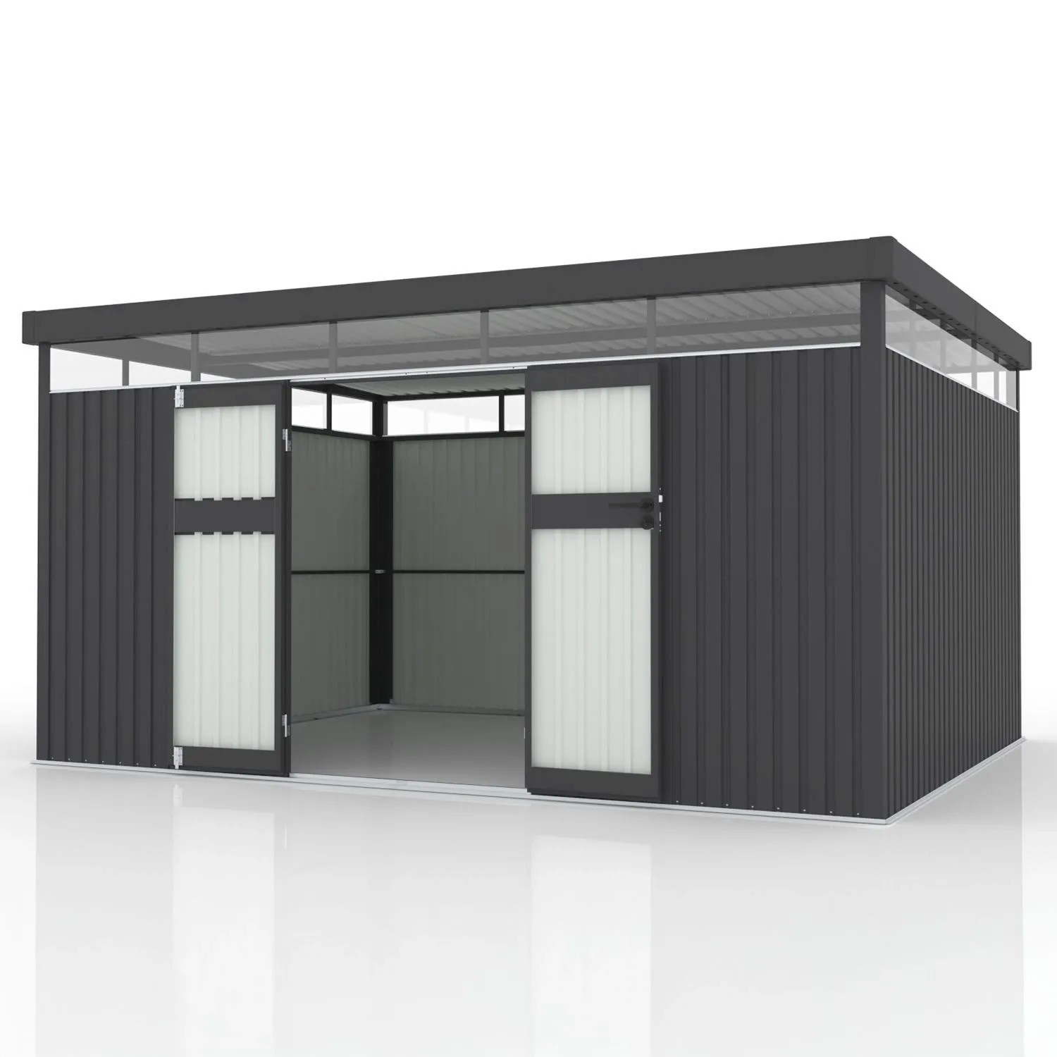 Modernes, anthrazitfarbenes Juskys Gerätehaus Luzern XL (12 m²) mit geöffneten Türen.