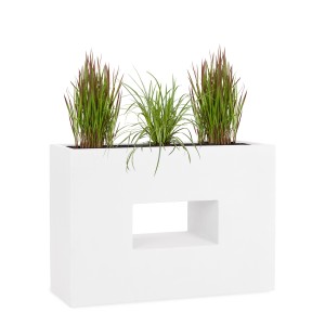Weißer Pflanzwerk Pflanzkübel Vista Premium, 75 cm, mit Aussparung und Bepflanzung.