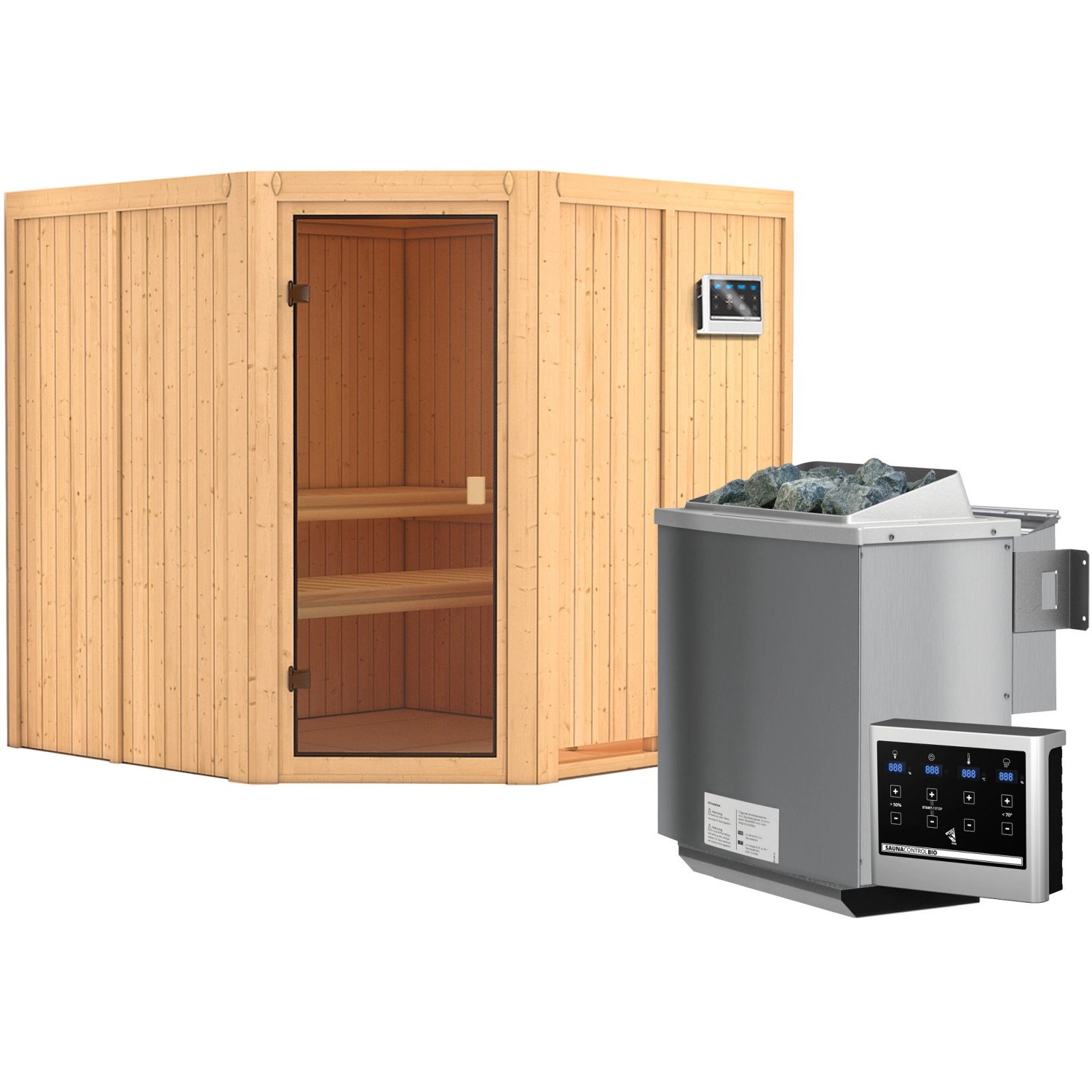 Karibu Sauna Kotka inkl. 9 kW Bio-Ofen mit ext. Strg., Glastür Bronziert