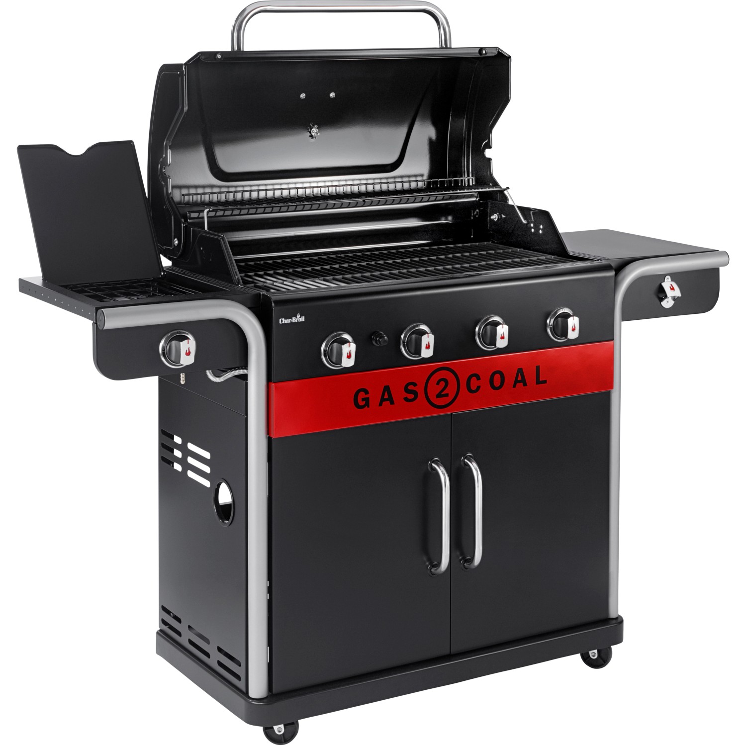 Char-Broil Gas2Coal 2.0 440 Hybridgrill mit 4 Brennern und Seitenbrenner. Gas- und Holzkohlegrill in Schwarz.