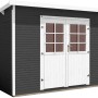 Anthrazitfarbenes weka Gartenhaus mit Flachdach und weißer Doppeltür.