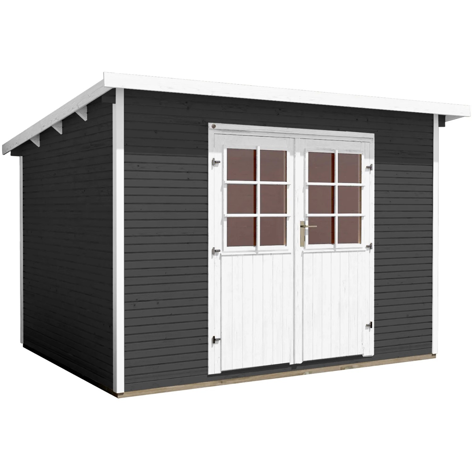 Anthrazitfarbenes weka Gartenhaus mit Flachdach und weißer Doppeltür.