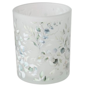 Boltze Windlicht Eukana Groß, Glas, Ø 9cm, mit Eukalyptus-Motiv in Grün- und Weißtönen.