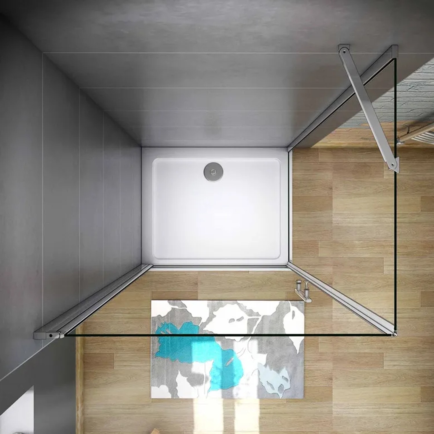 Eckdusche mit Pendeltür, 90x90cm, 6mm NANO Glas, chromfarbenes Profil. Aufsicht.