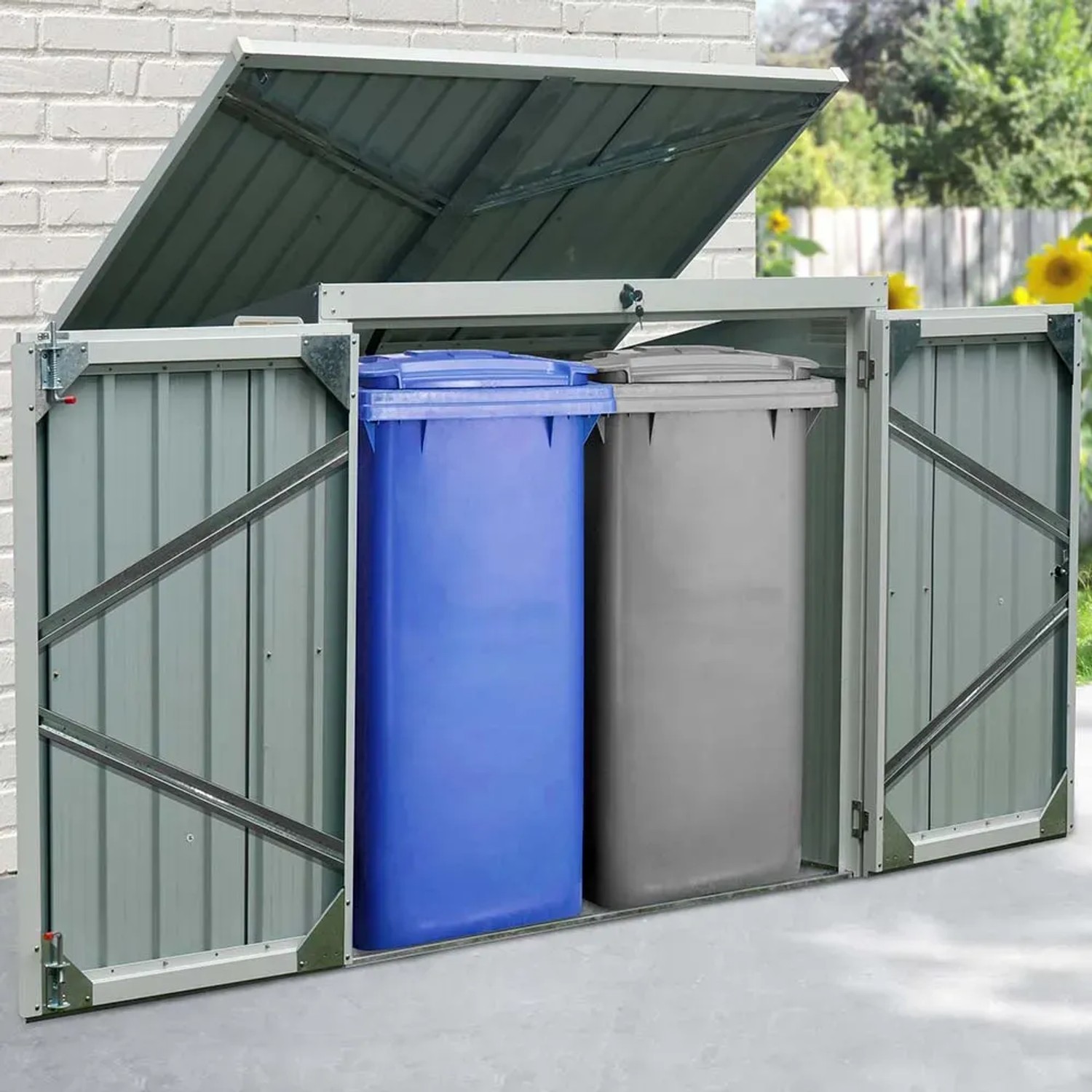 Home Deluxe Mülltonnenbox Basura für 2 Tonnen, aus Stahl, mit Pultdach geöffnet.