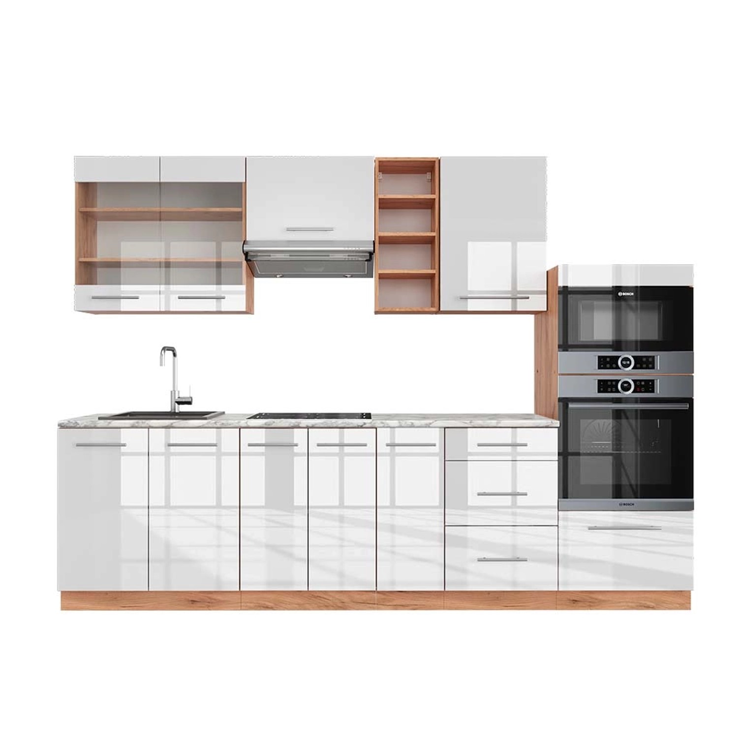 Vicco Fame-Line Küchenzeile Weiß Hochglanz/Goldkraft Eiche 280 cm AP Marmor günstig online kaufen