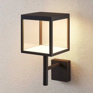 Moderne, schwarze LED Außenwandleuchte Cube aus Aluminium, spritzwassergeschützt.