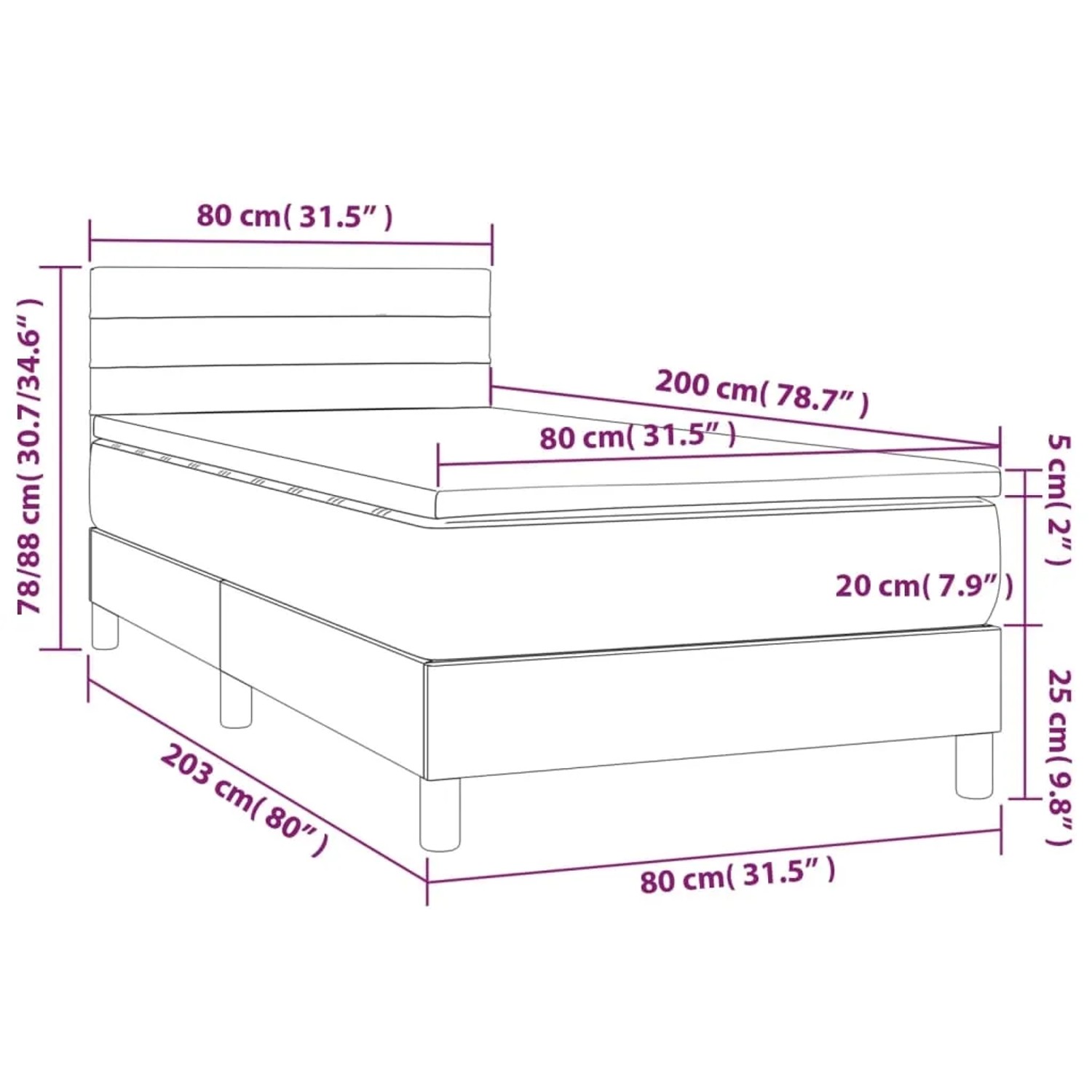 Skizze eines dunkelbraunen 80x200 cm Boxspringbetts mit Matratze und Kopfteil. Bett aus Stoff.