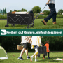 Schwarzer Sekey Bollerwagen faltbar, 60L, 80kg, im Einsatz auf Gras und kompakt getragen. Ideal für Camping & Transport.