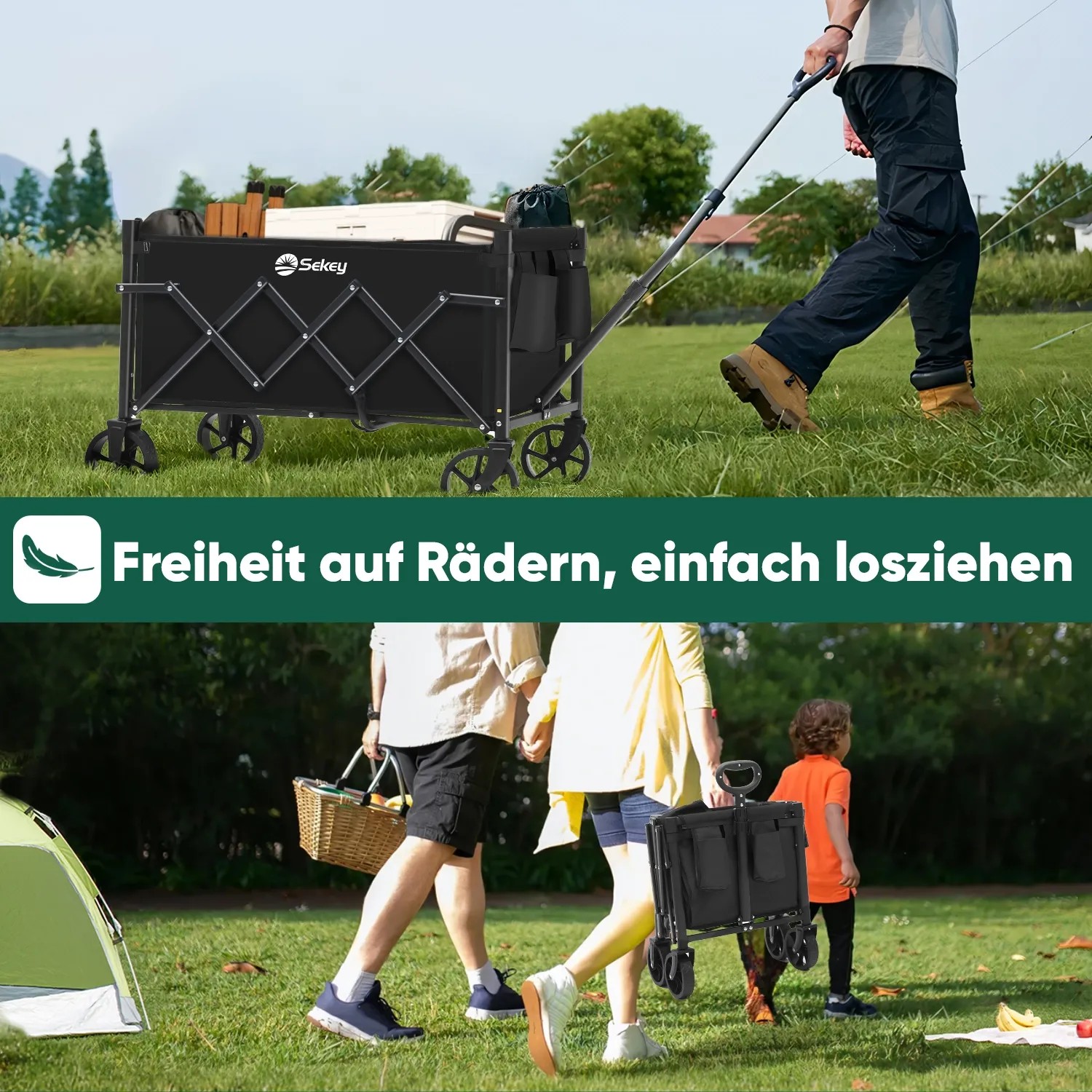 Schwarzer Sekey Bollerwagen faltbar, 60L, 80kg, im Einsatz auf Gras und kompakt getragen. Ideal für Camping & Transport.