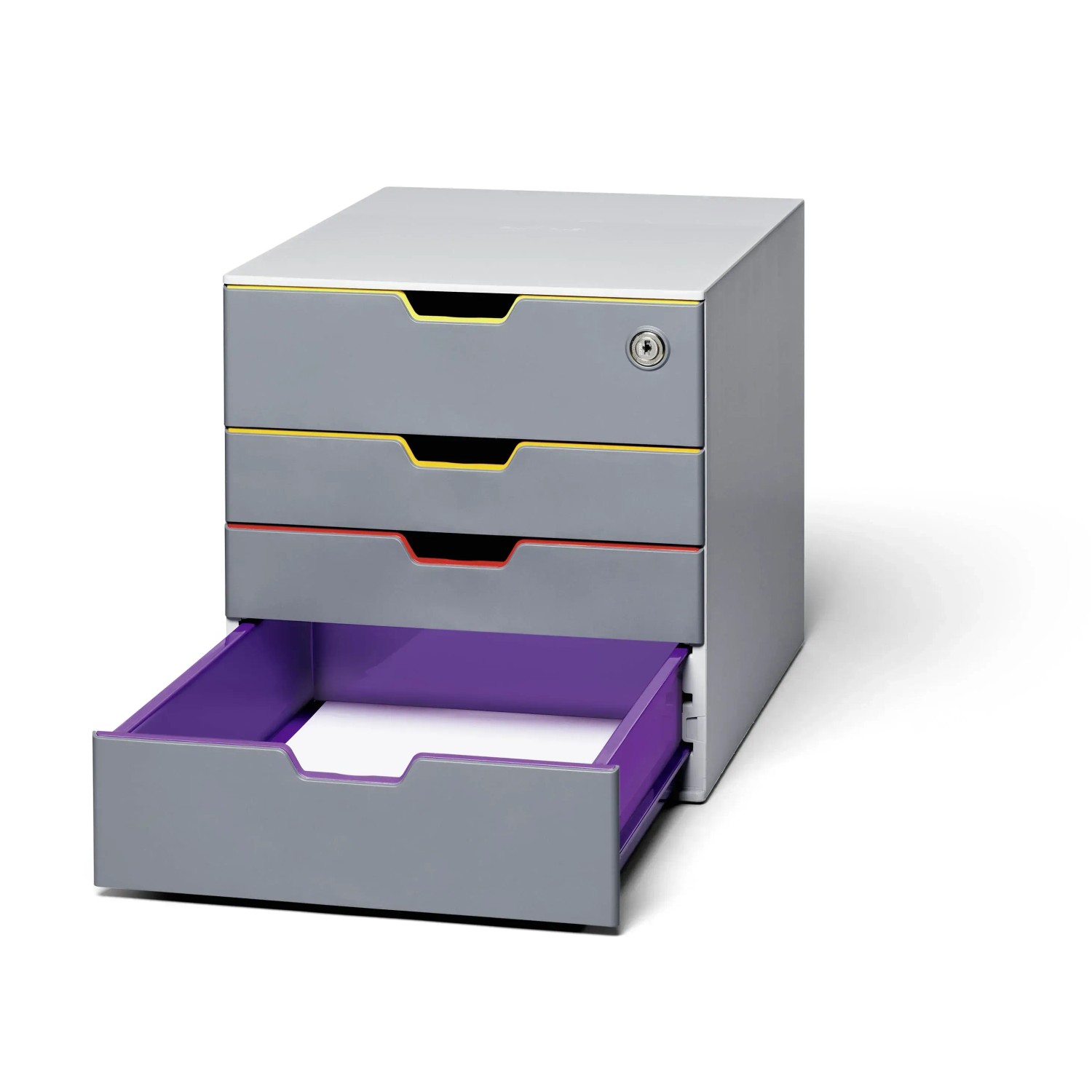 Durable Schubladenbox A4 Varicolor Safe mit 4 Fächern (gelb, orange, rot, lila) und Schloss.