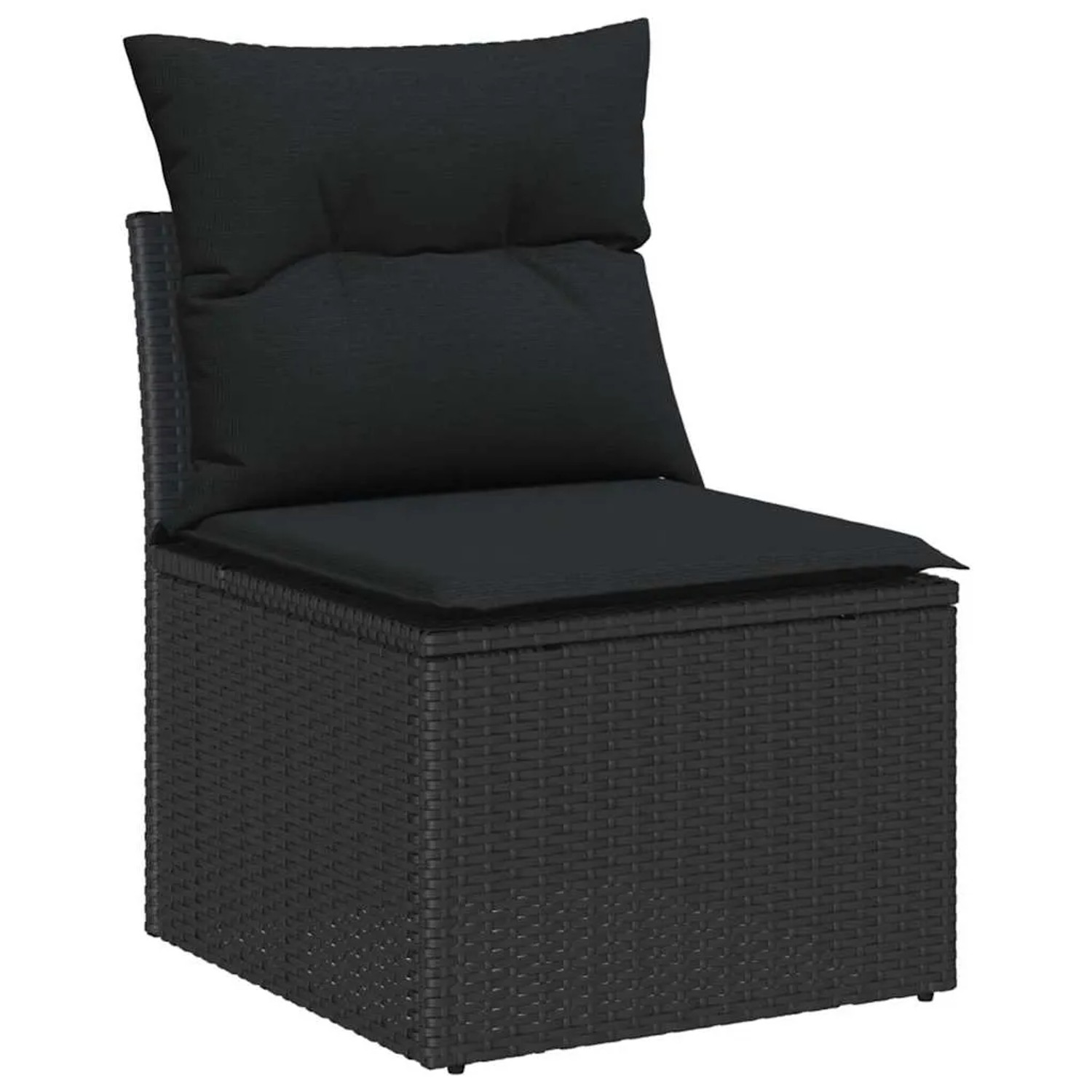 Schwarzer vidaXL Garten-Sessel aus Rattan mit Kissen, Teil eines modularen Garten-Sofa-Sets.