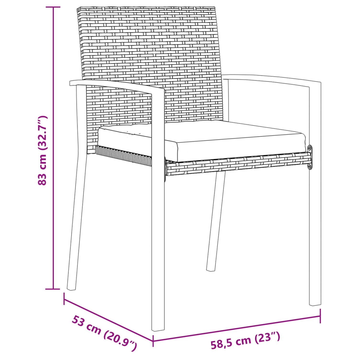 Grauer Gartenstuhl aus Polyrattan mit Sitzkissen, Teil der 5-tlg. Essgruppe von vidaXL.