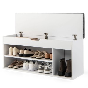 Weiße Schuhbank mit grauem Sitzkissen, offenem Schuhregal und aufklappbarem Stauraum. Modernes Design für den Flur.