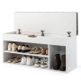 Weiße Schuhbank mit grauem Sitzkissen, offenem Schuhregal und aufklappbarem Stauraum. Modernes Design für den Flur.
