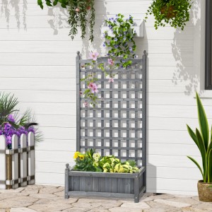 Outsunny Garten-Bett Pflanzkasten aus Tannenholz, hellgrau, mit Spalier für Kletterpflanzen.