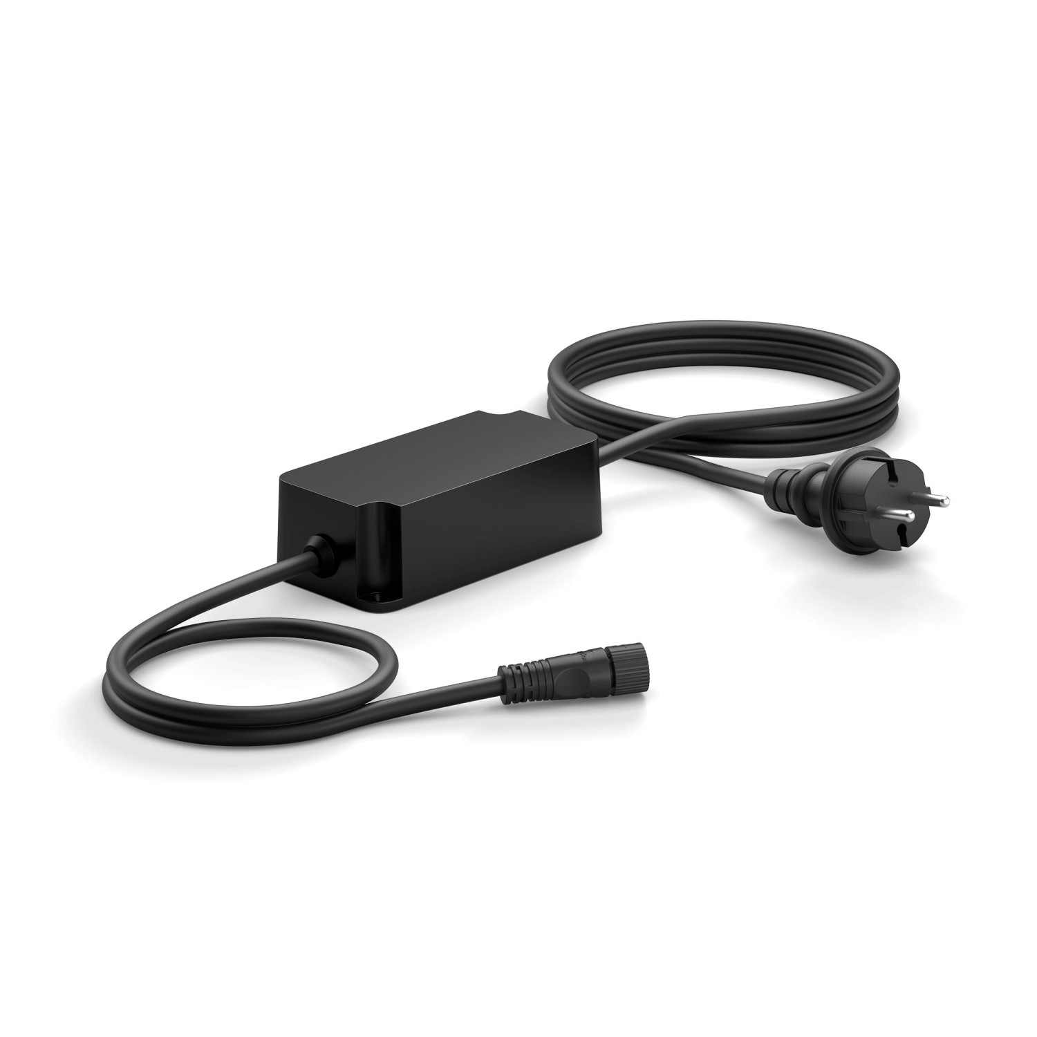 Schwarzes Philips Hue Outdoor-Netzteil 40W mit 3,5m Kabel für Niedervolt-Leuchten im Garten.