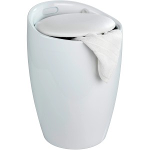 Weißer Wenko Badhocker Candy mit Wäschesack, Kunststoff, 20 l. Hocker mit gepolsterter Sitzfläche und Tragegriff.