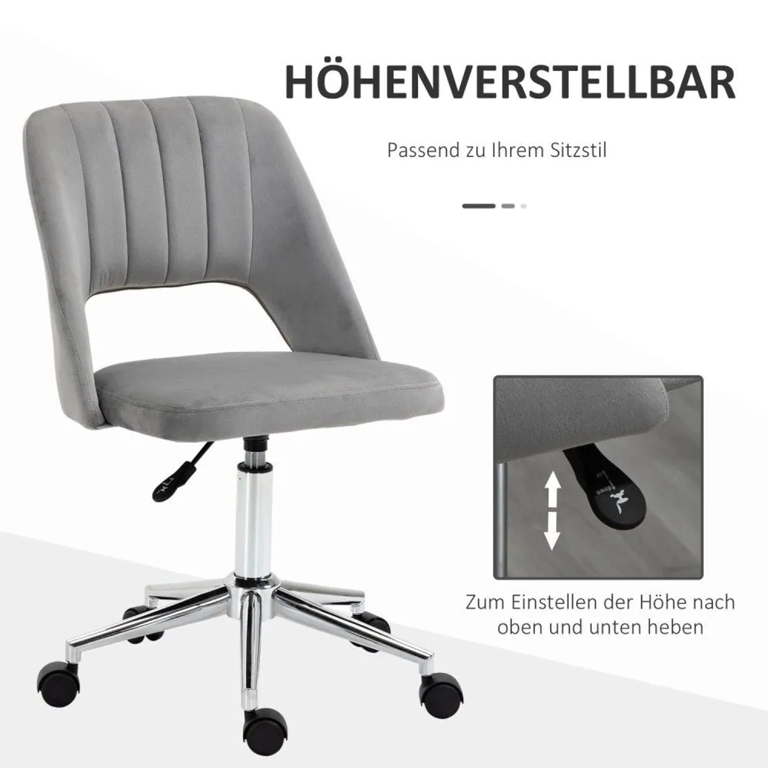 Grauer Vinsetto Schreibtischstuhl aus Samt, höhenverstellbar, mit Rollen. Ideal für Büro & Arbeitszimmer.