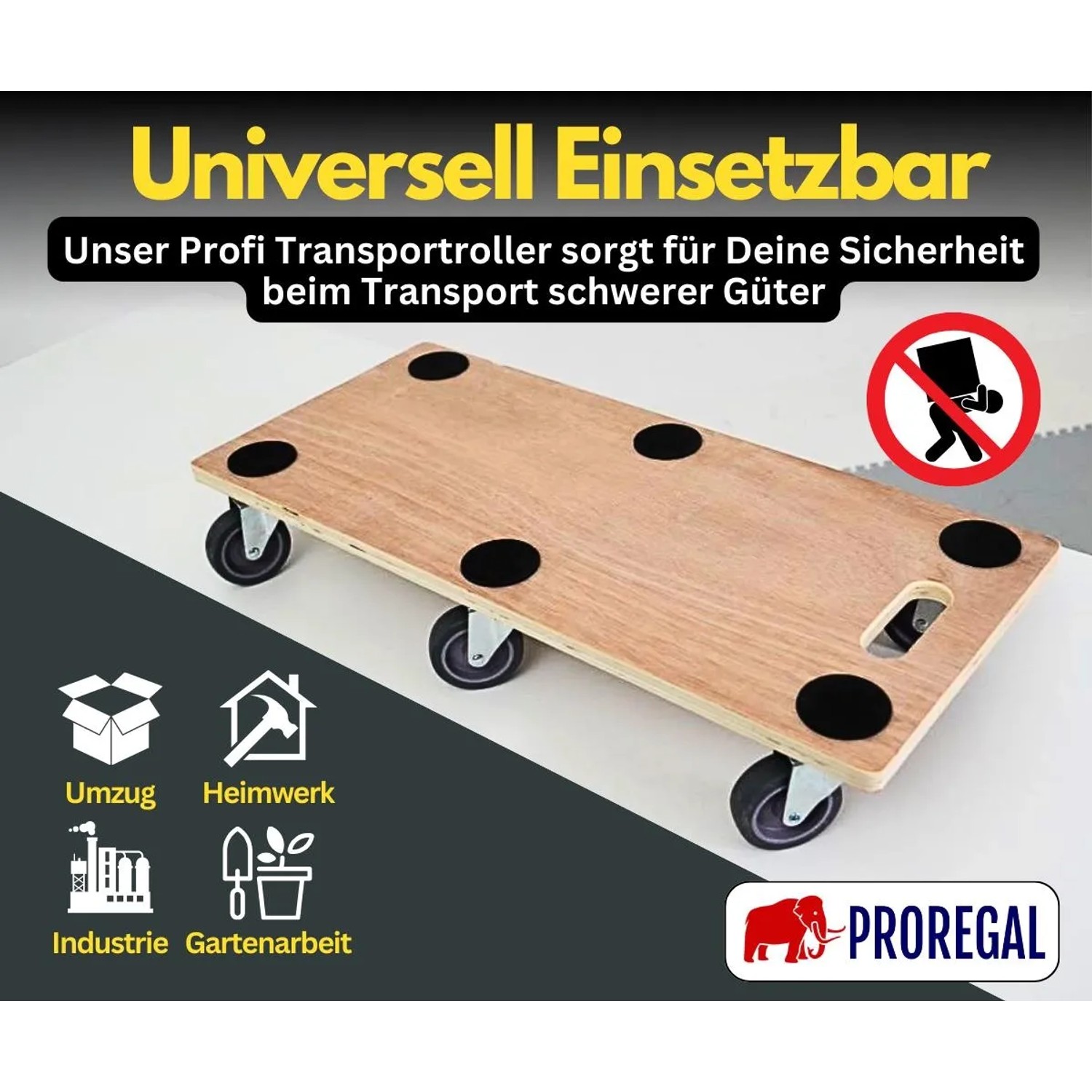 PROREGAL Transportroller mit 6 Rollen, braune Sperrholzplatte, Traglast 300 kg. Ideal für Umzug und Transport.